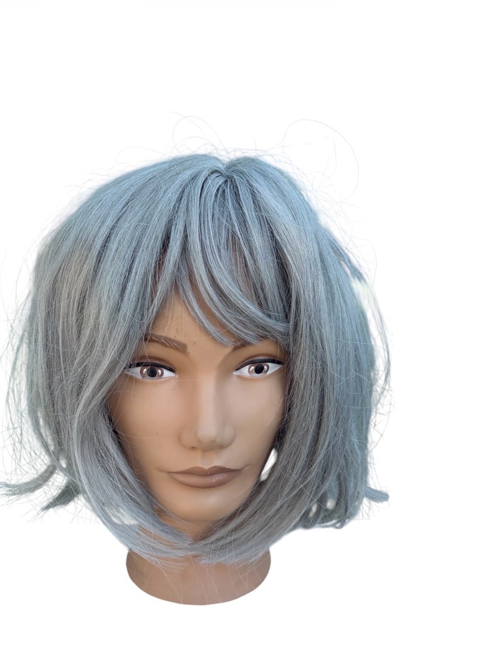 Gray straight synthetic bob wig with middle part, bangs & long sides